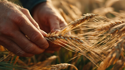 Close-up of man's fingers touching wheat grains, fields in background. Harvest theme with golden sunlight