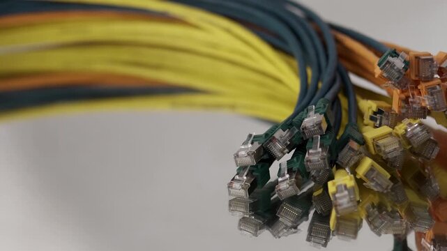 Footage showing multiple Ethernet network cables with RJ45 connectors in various colors. The video focuses on data communication technology, networking infrastructure, cables used in IT systems, inter