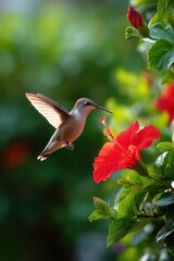 Fototapeta premium Hummingbird hovering by vibrant red hibiscus flower in lush garden setting