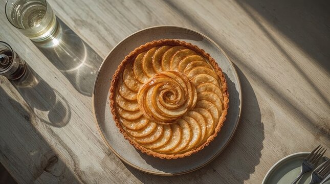 Apple tart golden crust, thin apple slices arranged in spiral, light honey glaze, one bite missing, ultra-realistic food photograph. The dessert placed on a light wooden table, shot warm natural light