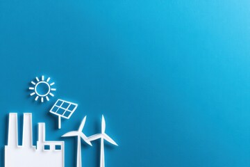 economic growth industry policy. Renewable energy symbols on a blue background, representing sustainability concepts.