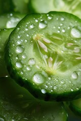 Fresh cucumber slices with water droplets close-up