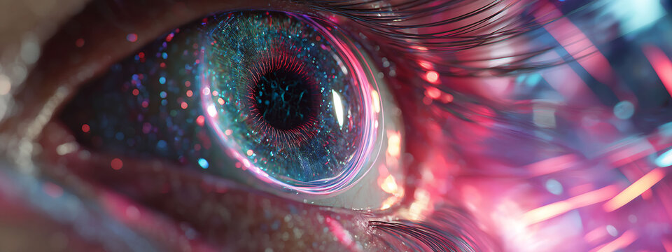 A futuristic cyberpunk human eye with neon lights, holographic effects, and digital environment - Powered by Adobe