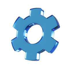シンプルな歯車のフラットなアイコンの3Dイラスト。透明感のある青いグラスモーフィズムなマーク