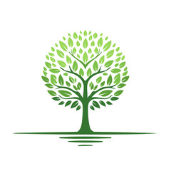 Obraz premium Green abstract tree with circular canopy and root system symbol