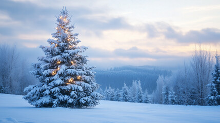 Christmas tree in forest. Christmas tree in snow covered pine woods at night