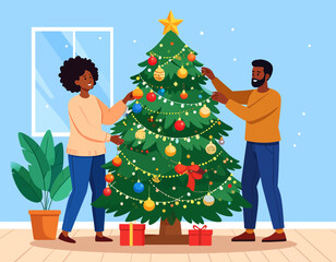 A couple decorates a Christmas tree with ornaments and lights in a cozy living room, with presents underneath and a houseplant nearby.