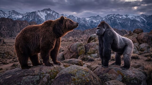 Grizzly Bear and Gorilla Stare: An intense face-off between a majestic grizzly bear and a formidable gorilla amidst a rugged mountainous landscape.