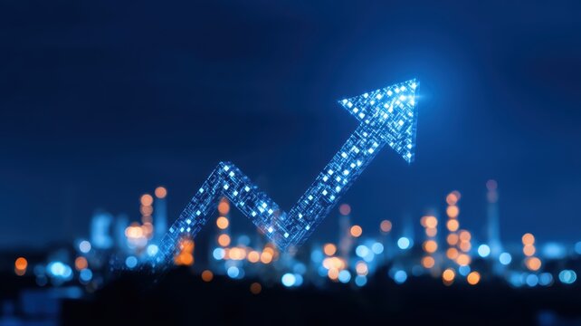 economic growth industry policy. Illuminated upward arrow symbolizing growth against a blurred city backdrop at night.