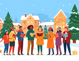 A diverse group of people are caroling in a snowy town square, holding songbooks and singing together in front of decorated buildings and Christmas trees.