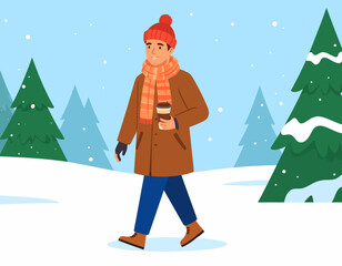 A man in winter clothing walks through a snowy landscape, holding a coffee cup, with evergreen trees and falling snow in the background.