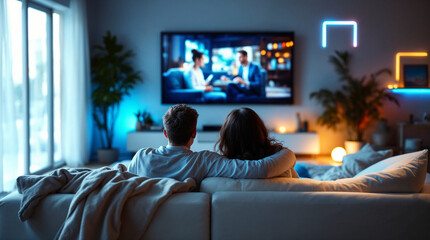 Rear view of a cute couple watching a movie on the couch in the living room.
