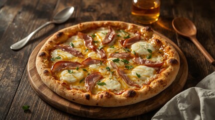 Ultra-realistic photo of a Duck, Goat Cheese Honey pizza on a dark brown wooden table, warm natural light from the left. Melted mozzarella, goat cheese, honey drizzle, and duck slices