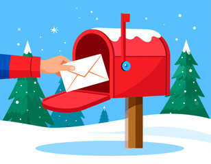 Hand placing a white envelope into a red mailbox covered in snow, set against a winter landscape with pine trees.