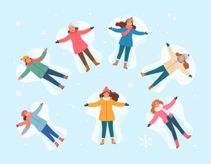 Seven women in winter clothing are making snow angels on a light blue snowy surface, creating angel shapes with their arms and legs.