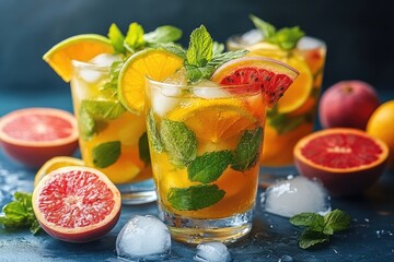 Fototapeta premium Colorful Fruit Mojito Served with Fresh Ice and Mint