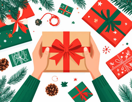 Overhead view of hands holding a wrapped gift with a red bow, surrounded by other presents, pine branches, and pine cones. - Powered by Adobe