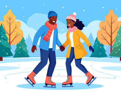 A happy African American couple ice skating together outdoors in a winter wonderland with snow-covered trees and a bright blue sky.