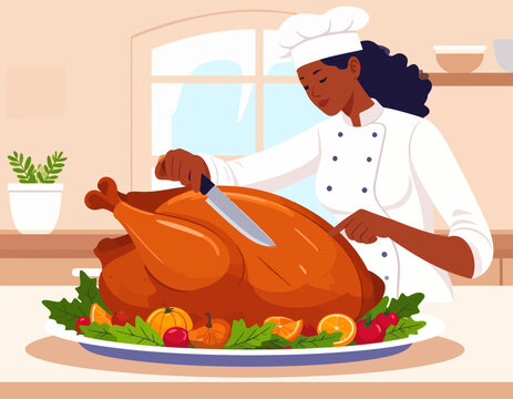 A female chef in uniform carves a roasted turkey on a platter garnished with fruit and vegetables.