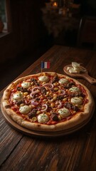 Vertical banner, wallpaper for social media of Ultra-realistic photo of a French-style pizza called La French placed on a dark brown wooden table, warm natural light from the left