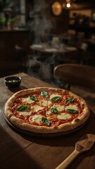 Vertical banner, wallpaper for social media of Ultra-realistic photo of a Margherita pizza on a dark brown wooden table, warm natural light from the left, cozy restaurant ambiance. Melted mozzarella