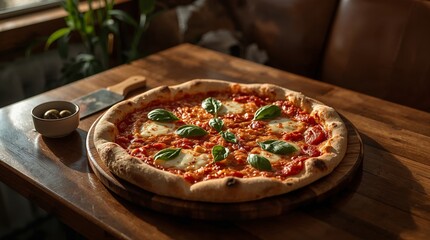 Ultra-realistic photo of a Margherita pizza on a dark brown wooden table, warm natural light from the left, cozy restaurant ambiance. Melted mozzarella, tomato sauce, fresh basil leaves, golden crust