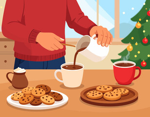 A person pours hot chocolate into a mug near cookies and a Christmas tree, creating a cozy holiday scene.