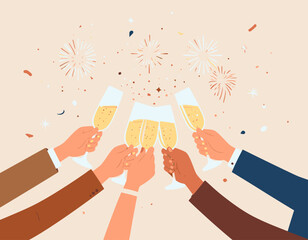 Illustration of diverse hands raising champagne flutes in a toast against a backdrop of celebratory fireworks and confetti.