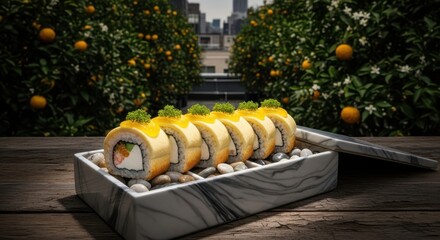Fototapeta premium Japaneese cheesecake Deliciously crafted sushi roll topped with mango and garnished with microgreens, presented elegantly in a marble tray on a rustic wooden table.