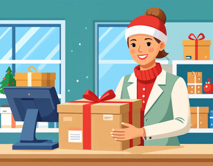 A smiling woman in a Santa hat holds a gift-wrapped box at a counter, with shelves of presents and a Christmas tree in the background.