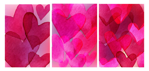 Set of watercolor backgrounds with pink hearts. Pattern with overlapping pink hearts. Romantic background for Valentine's Day, Mother's Day, March 8, etc. Cute background with hearts.