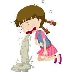 Young Girl Vomiting with Eyes Closed and Hand on Stomach Feeling Sick and Dizzy Wearing Pink Skirt and Blue Vest on Transparent Background
