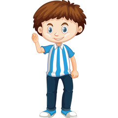 Young boy wearing blue and white striped polo shirt and dark blue jeans waving hello in a cheerful pose with a happy expression isolated on white background