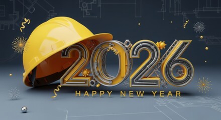 Happy new year 2026 with construction theme and hard hat