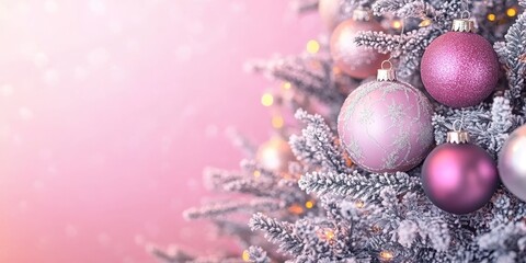 Glamorous frosted Christmas tree with purple and silver baubles, festive winter wonderland scene.