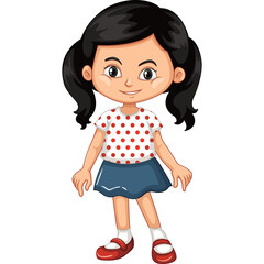 Young girl with black pigtails wearing a white t-shirt with red heart pattern and blue skirt standing with a happy expression and outstretched arms isolated on white background