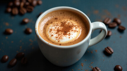 A cup of rich cappuccino in a classic ceramic cup, with thick, frothy milk foam dusted with a sprinkle of cinnamon.