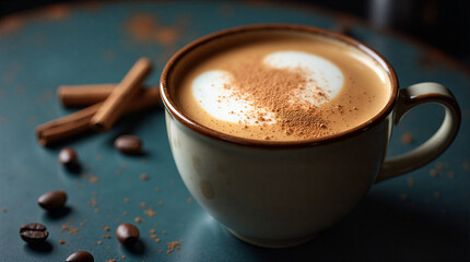 A cup of rich cappuccino in a classic ceramic cup, with thick, frothy milk foam dusted with a sprinkle of cinnamon.