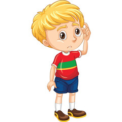 Young Blond Haired Boy Wearing A Red And Green Striped T Shirt And Blue Shorts Stands With A Confused Expression And A Finger To His Forehead