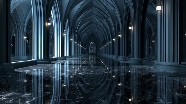 A vast gothic hall with endless arches, cold blue light, and a glossy marble floor creates a dramatic mysterious atmosphere with deep symmetry and striking style.