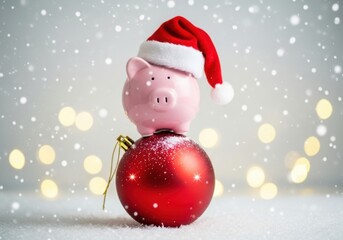 Pink piggy bank in a santa hat on a red christmas ornament with falling snow and bokeh lights, symbolizing holiday savings and festive finance