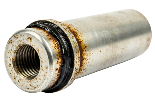 Rusty metal mechanical bushing part with internal threads and grease isolated on transparent background