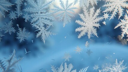 Delicate frost crystals and icy snowflakes form detailed patterns on a cold window, creating a soft winter scene with a dreamy blue atmosphere. - Powered by Adobe