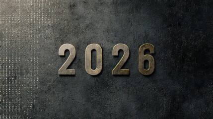 Metallic 3d numbers spelling out the year 2026 on a textured dark background