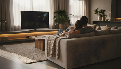 Rear view of a cute couple watching a movie on the couch in the living room.