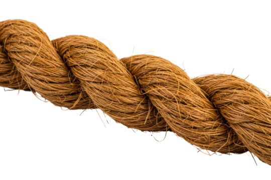 Thick twisted natural fiber rope strand showing detailed texture isolated on transparent background