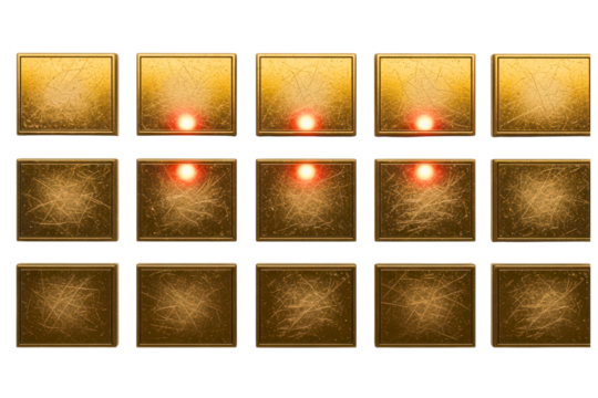 Collection of scratched gold metal square plates in a grid pattern isolated on transparent background - Powered by Adobe