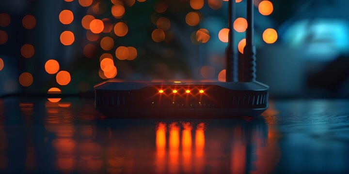 Glowing router with warm bokeh lights signifies home internet connectivity and modern technology. - Powered by Adobe