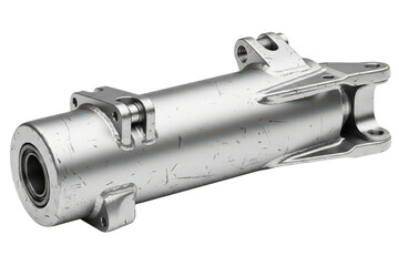 Heavy industrial steel hydraulic cylinder housing for machinery isolated on transparent background