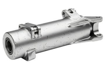 Heavy industrial steel hydraulic cylinder housing for machinery isolated on transparent background